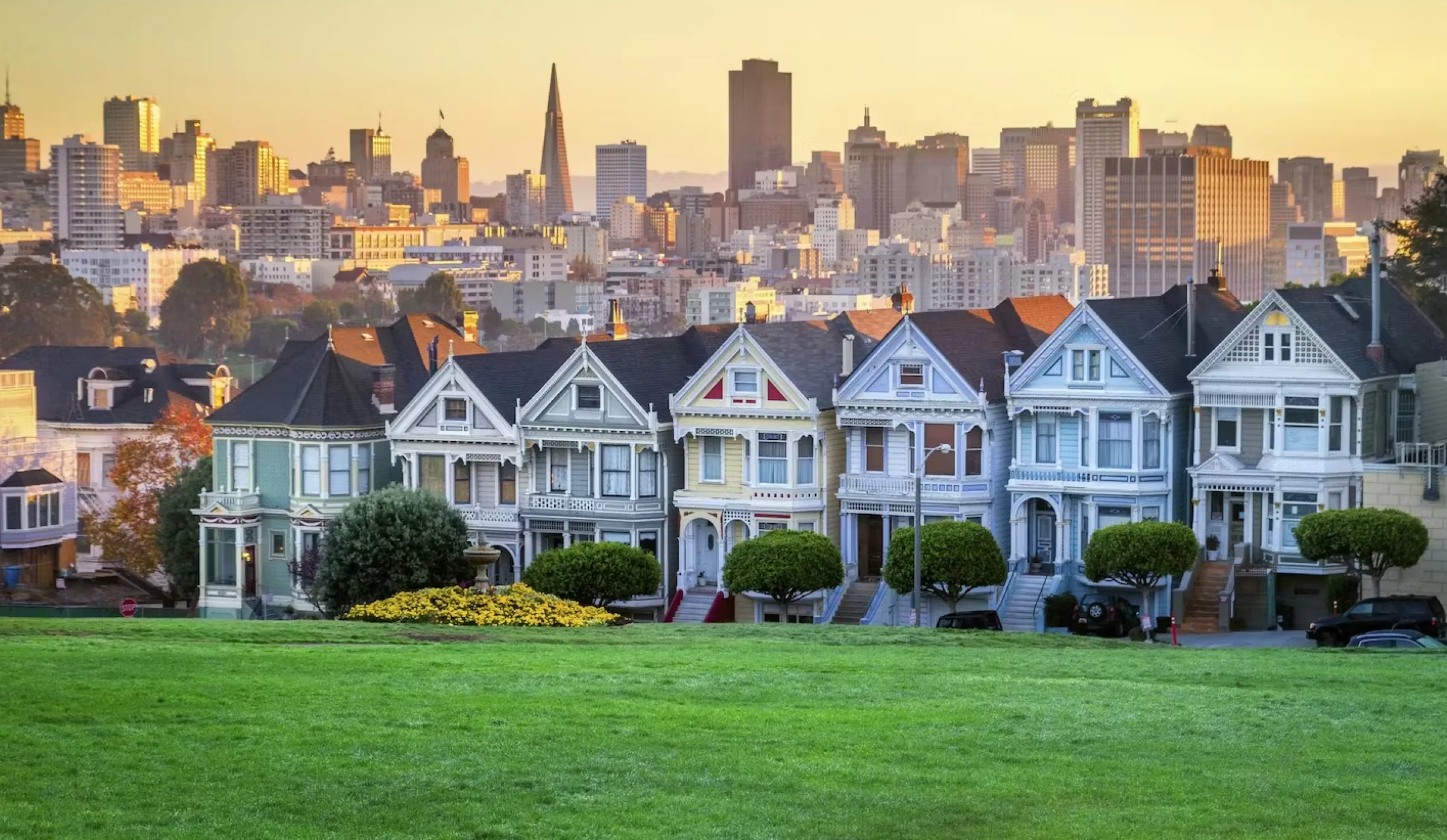 The Painted Ladies Victorian houses at Alamo Square with the San Francisco skyline behind them