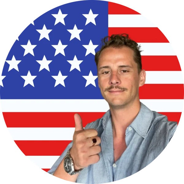 Portrait of Kent Walters framed by an American flag circle